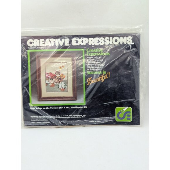 1983 sealed Creative Expressions Needlepoint Tabby On The Terrace 3004 12” X 16” - Picture 1 of 9